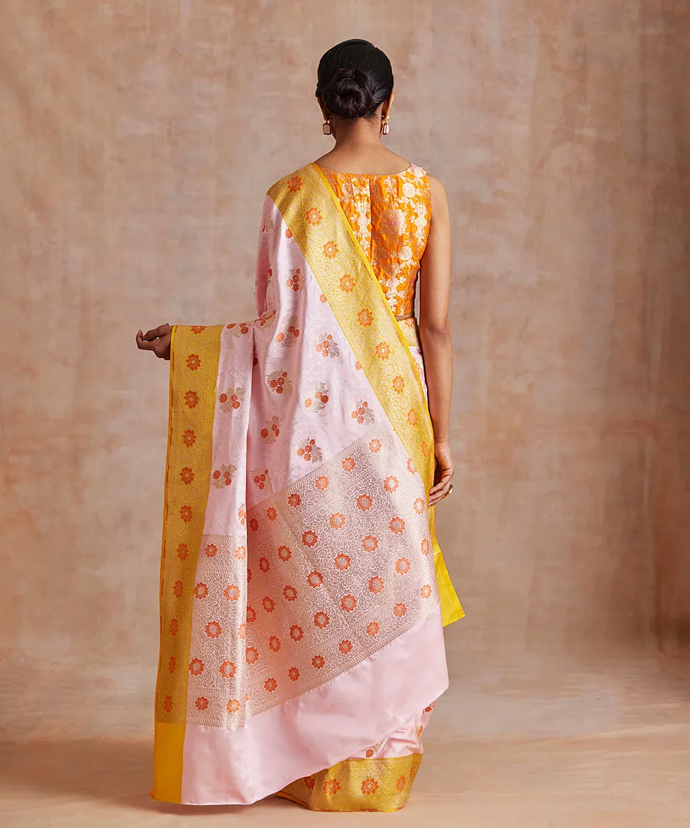 Handloom Pink And Yellow Pure Mashroo Silk Tanchoi Banarasi Saree