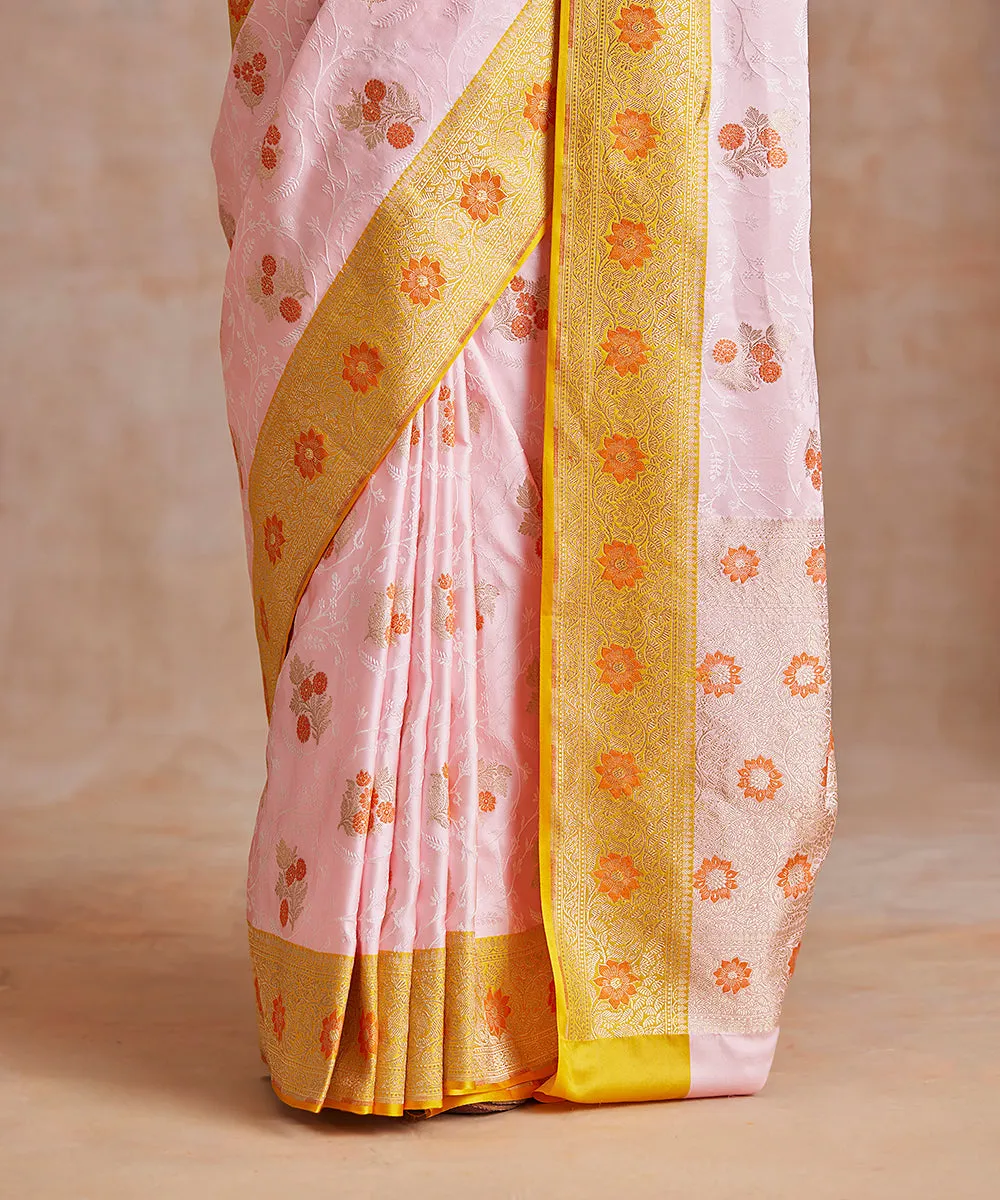 Handloom Pink And Yellow Pure Mashroo Silk Tanchoi Banarasi Saree