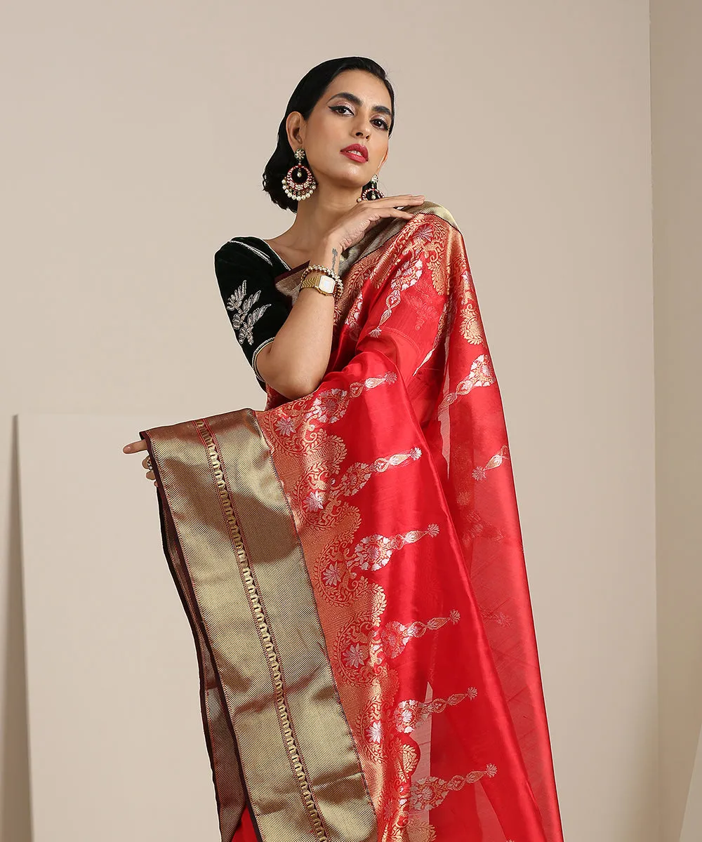 Handloom Red Chanderi Silk Saree With Gold Zari Heavy Border