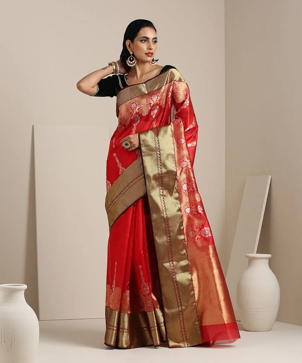 Handloom Red Chanderi Silk Saree With Gold Zari Heavy Border