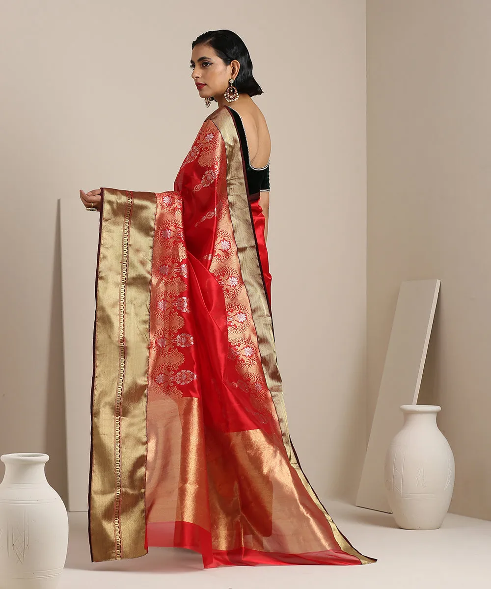 Handloom Red Chanderi Silk Saree With Gold Zari Heavy Border