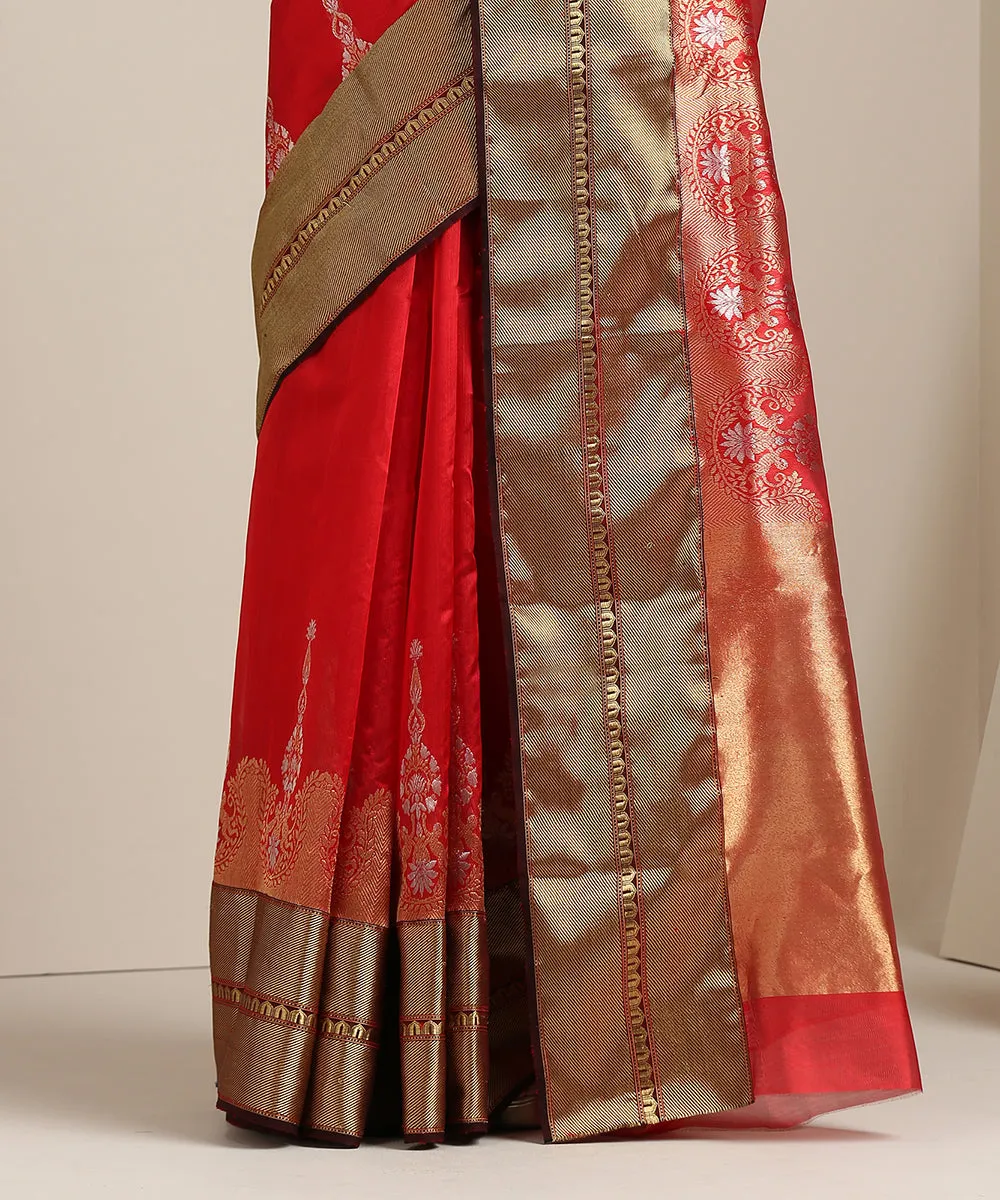 Handloom Red Chanderi Silk Saree With Gold Zari Heavy Border