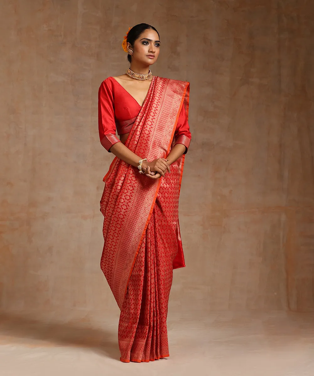 Handloom Red Pure Katan Silk Kimkhab Banarasi Saree With Antique Zari