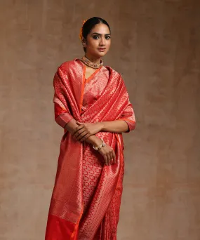 Handloom Red Pure Katan Silk Kimkhab Banarasi Saree With Antique Zari