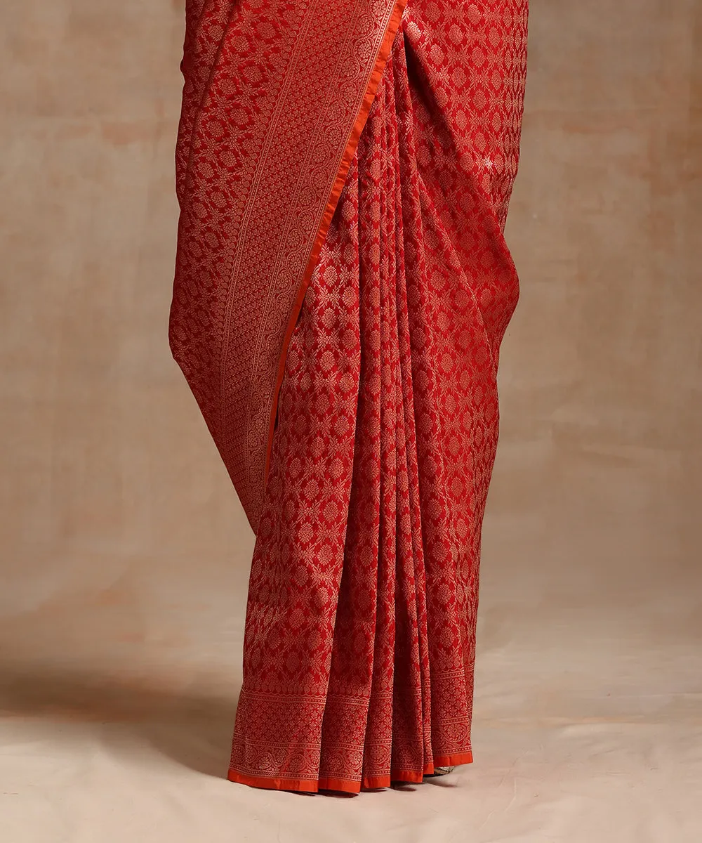 Handloom Red Pure Katan Silk Kimkhab Banarasi Saree With Antique Zari