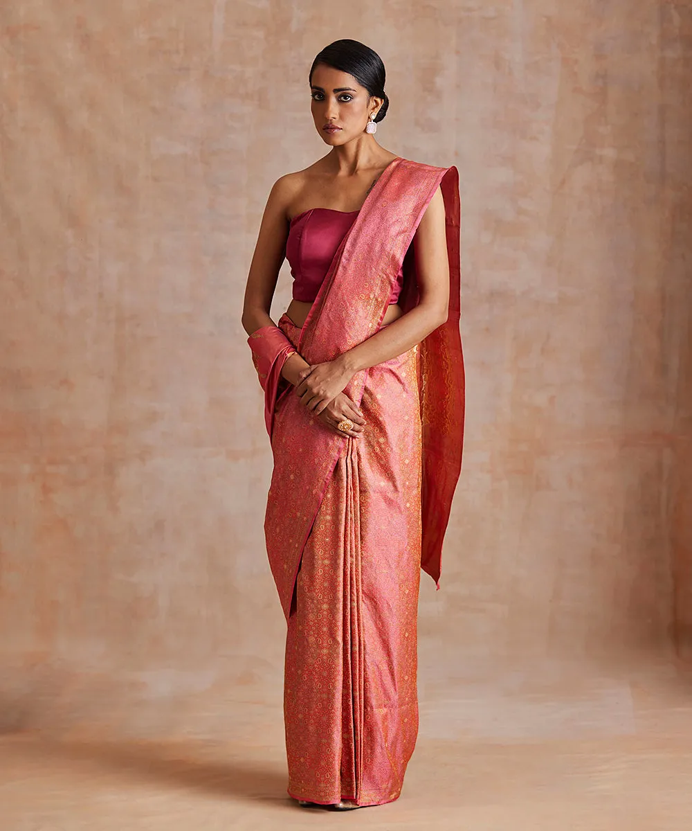 Handloom Rose Pink Pure Satin Silk Tanchoi Jamawar Banarasi Saree With Zari Booti