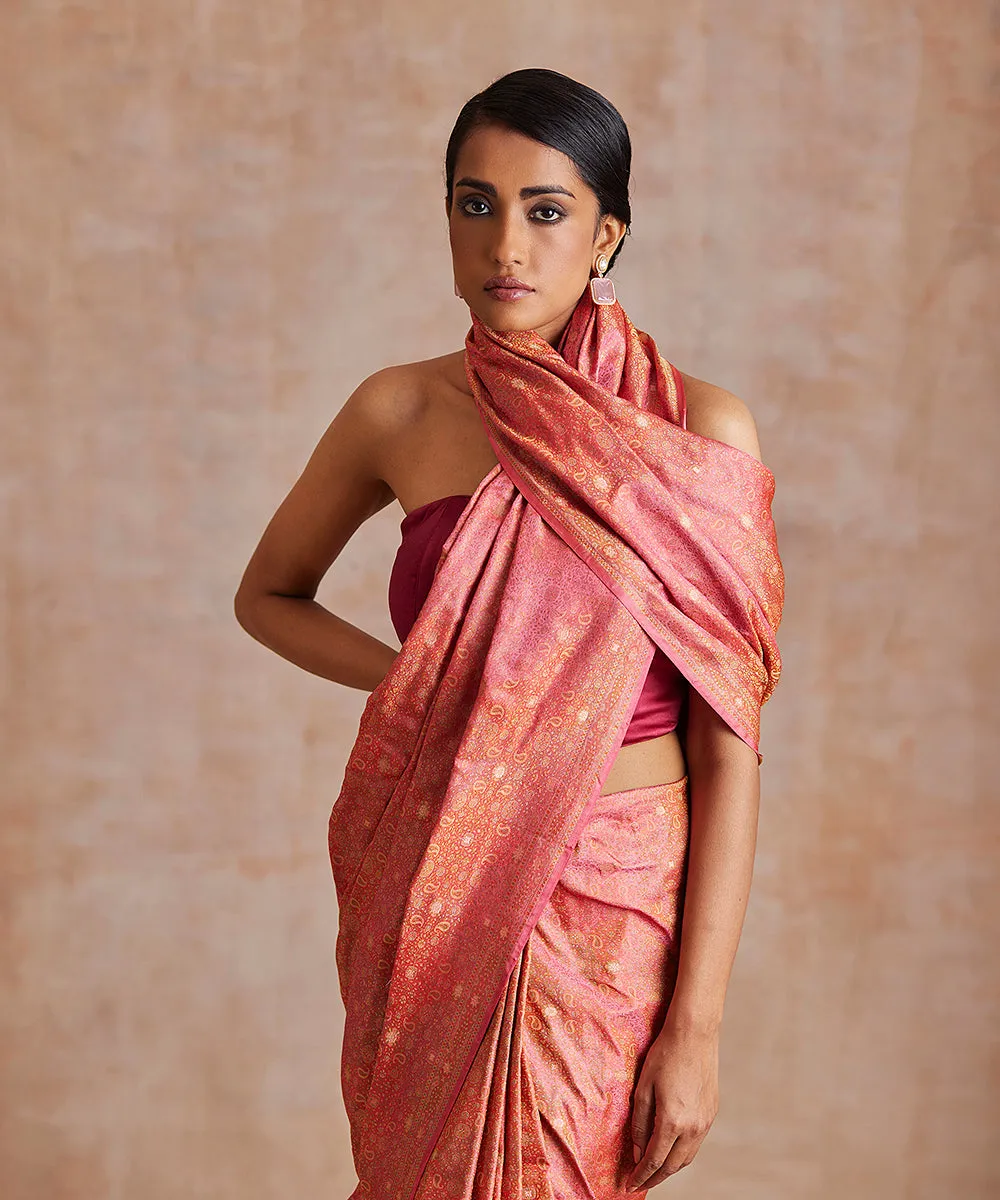 Handloom Rose Pink Pure Satin Silk Tanchoi Jamawar Banarasi Saree With Zari Booti