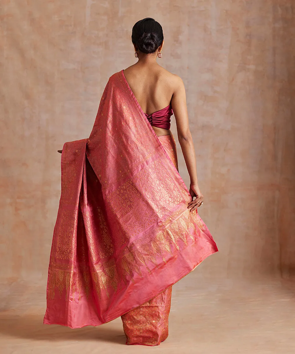 Handloom Rose Pink Pure Satin Silk Tanchoi Jamawar Banarasi Saree With Zari Booti