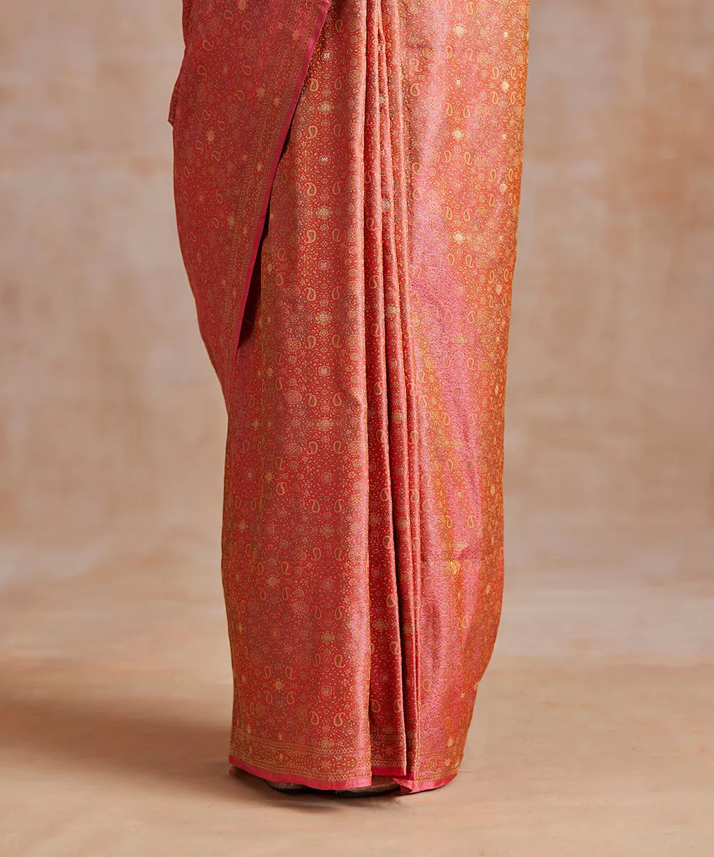 Handloom Rose Pink Pure Satin Silk Tanchoi Jamawar Banarasi Saree With Zari Booti