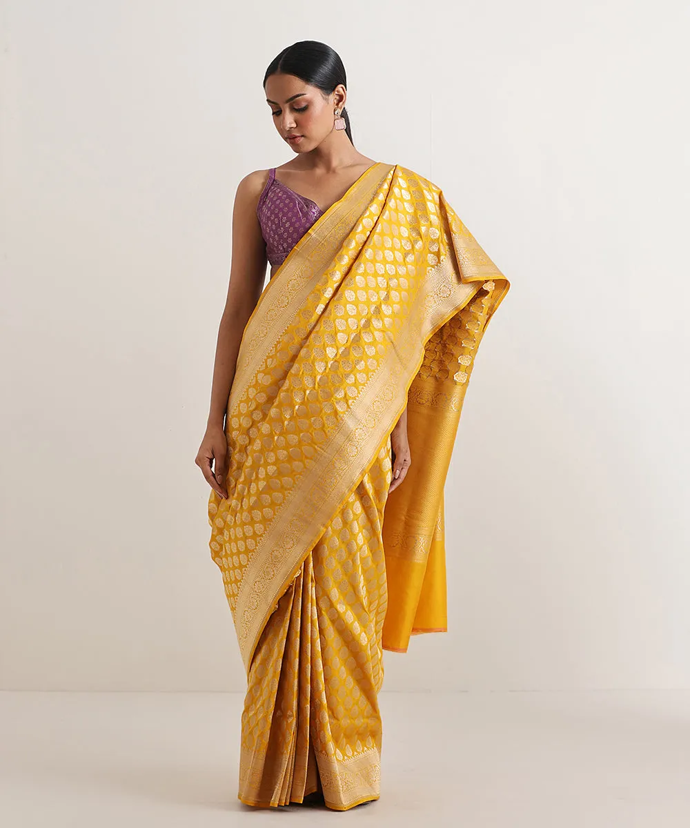 Handloom Yellow Pure Katan Silk Banarasi Saree With Zari Golden Booti