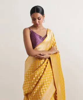 Handloom Yellow Pure Katan Silk Banarasi Saree With Zari Golden Booti