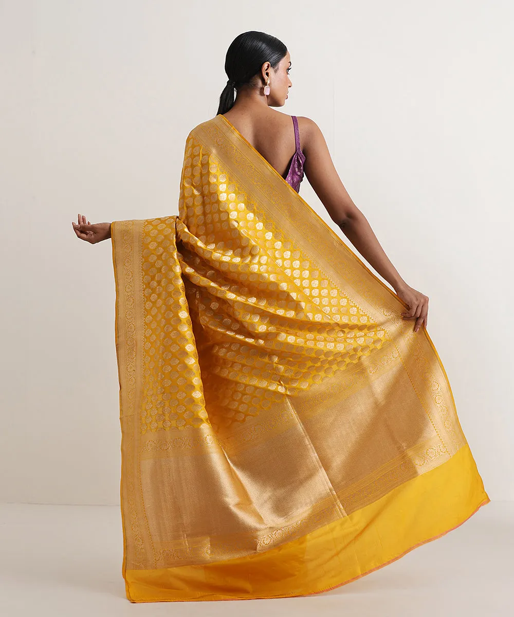 Handloom Yellow Pure Katan Silk Banarasi Saree With Zari Golden Booti