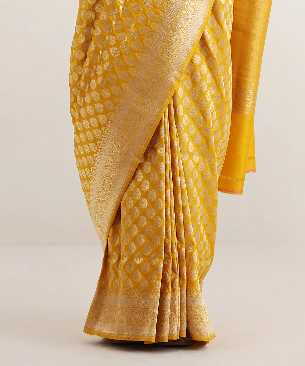 Handloom Yellow Pure Katan Silk Banarasi Saree With Zari Golden Booti