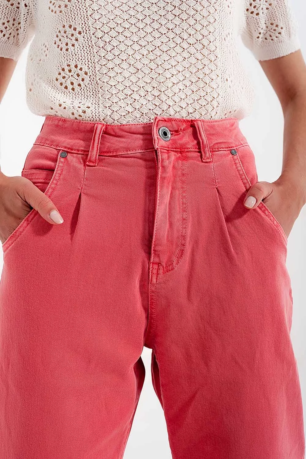 High Rise Mom Jeans With Pleat Front in Pink