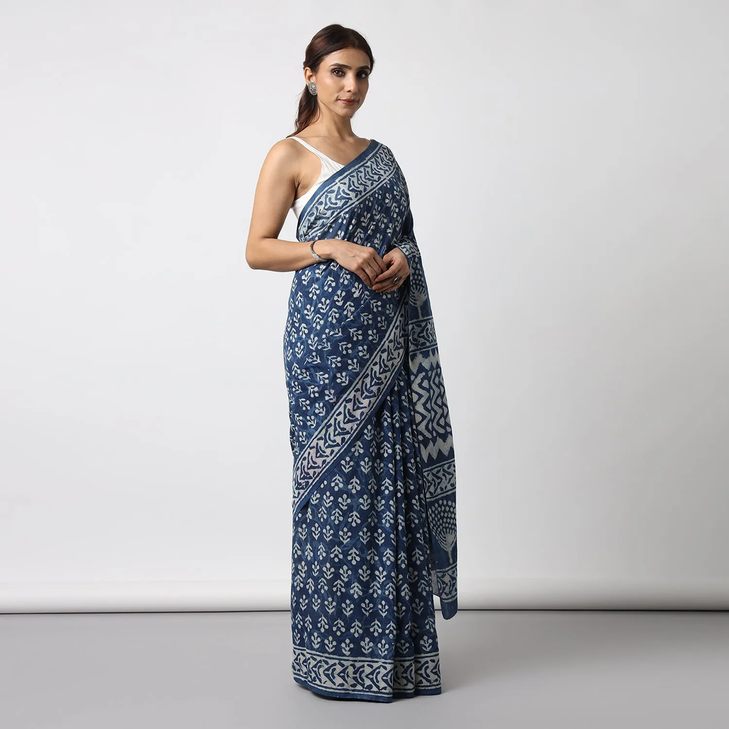 Indigo Bloom - Dabu Hand Block Print Mulmul Cotton Bagru Saree