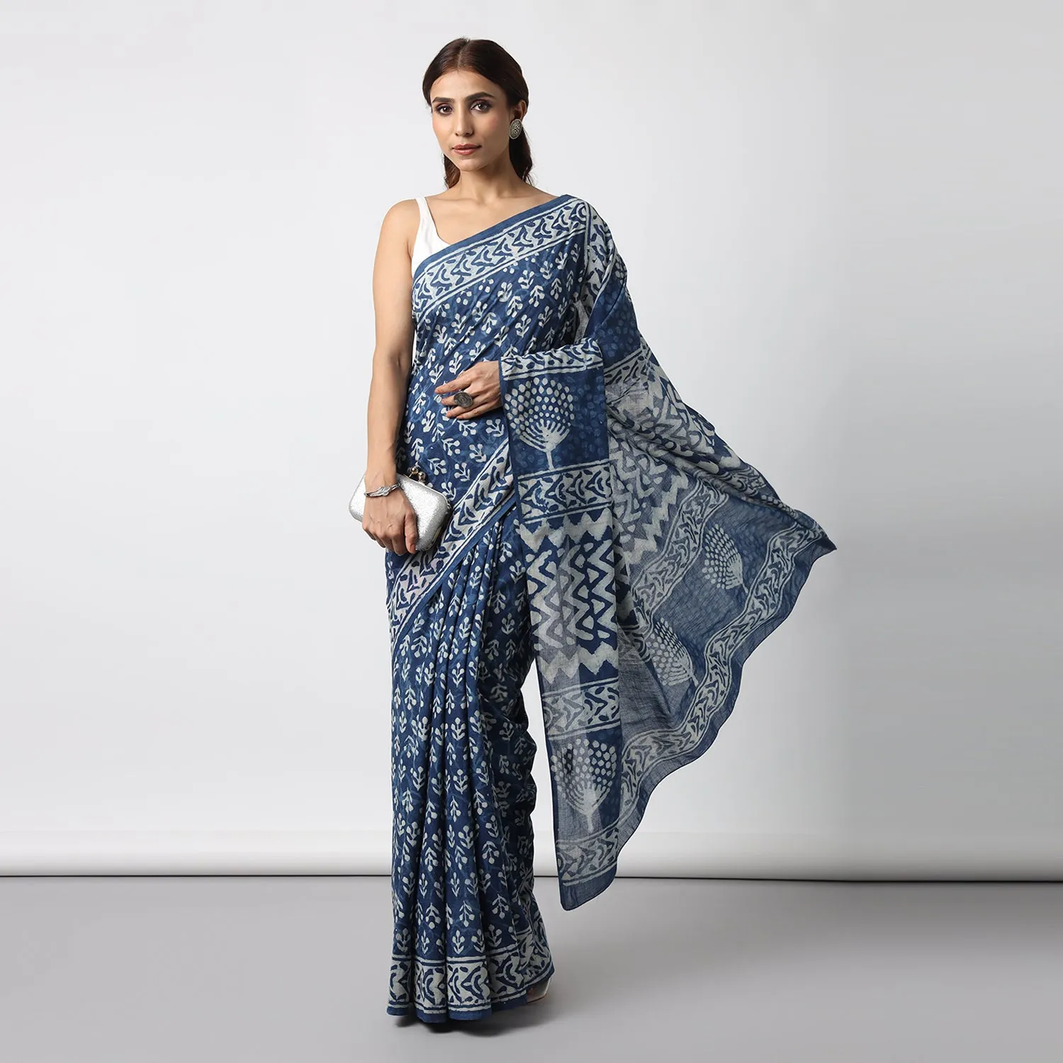 Indigo Bloom - Dabu Hand Block Print Mulmul Cotton Bagru Saree