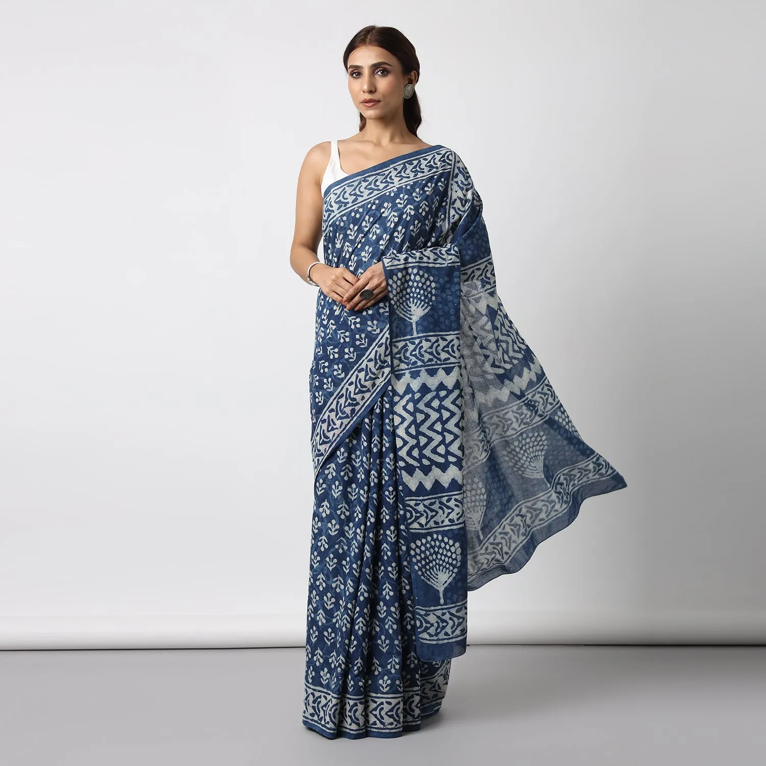 Indigo Bloom - Dabu Hand Block Print Mulmul Cotton Bagru Saree