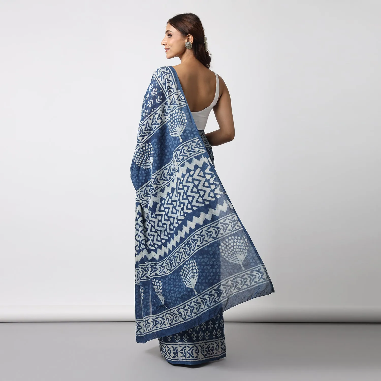 Indigo Bloom - Dabu Hand Block Print Mulmul Cotton Bagru Saree