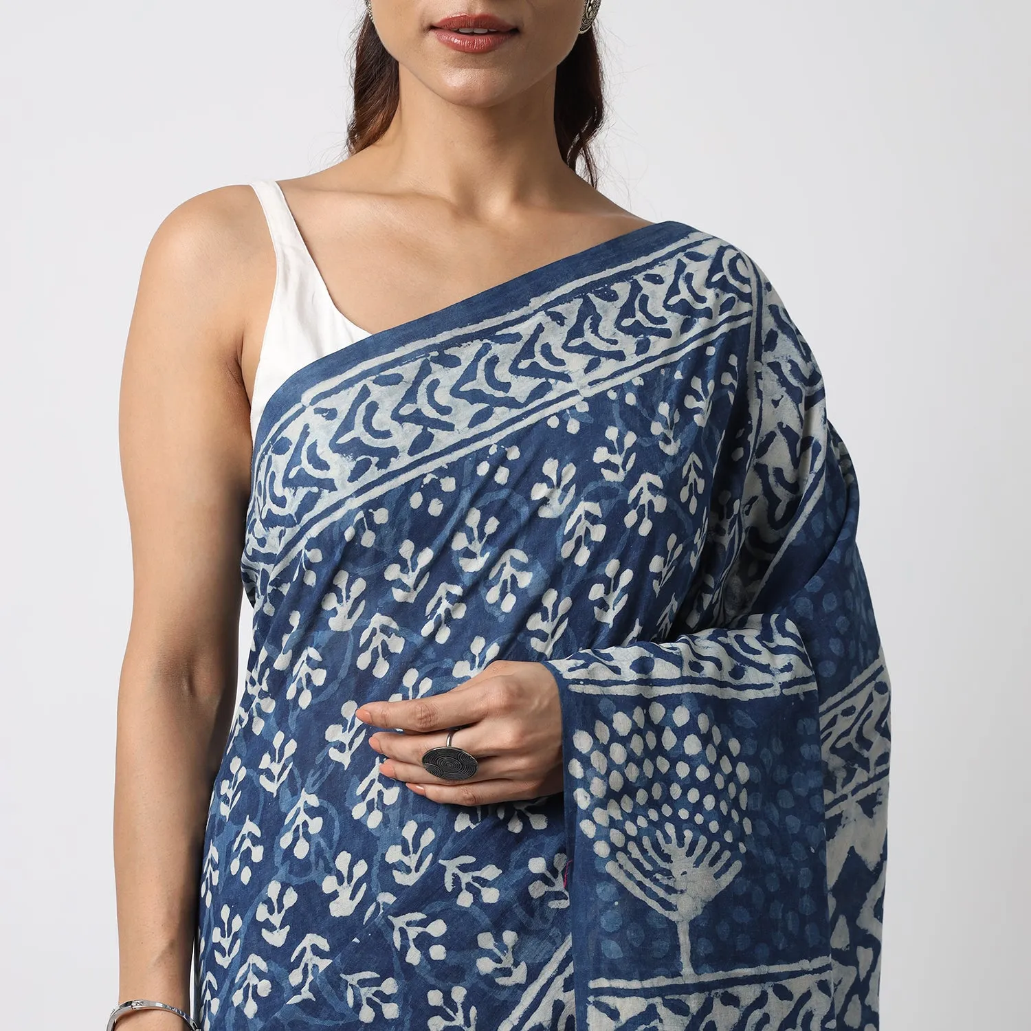 Indigo Bloom - Dabu Hand Block Print Mulmul Cotton Bagru Saree