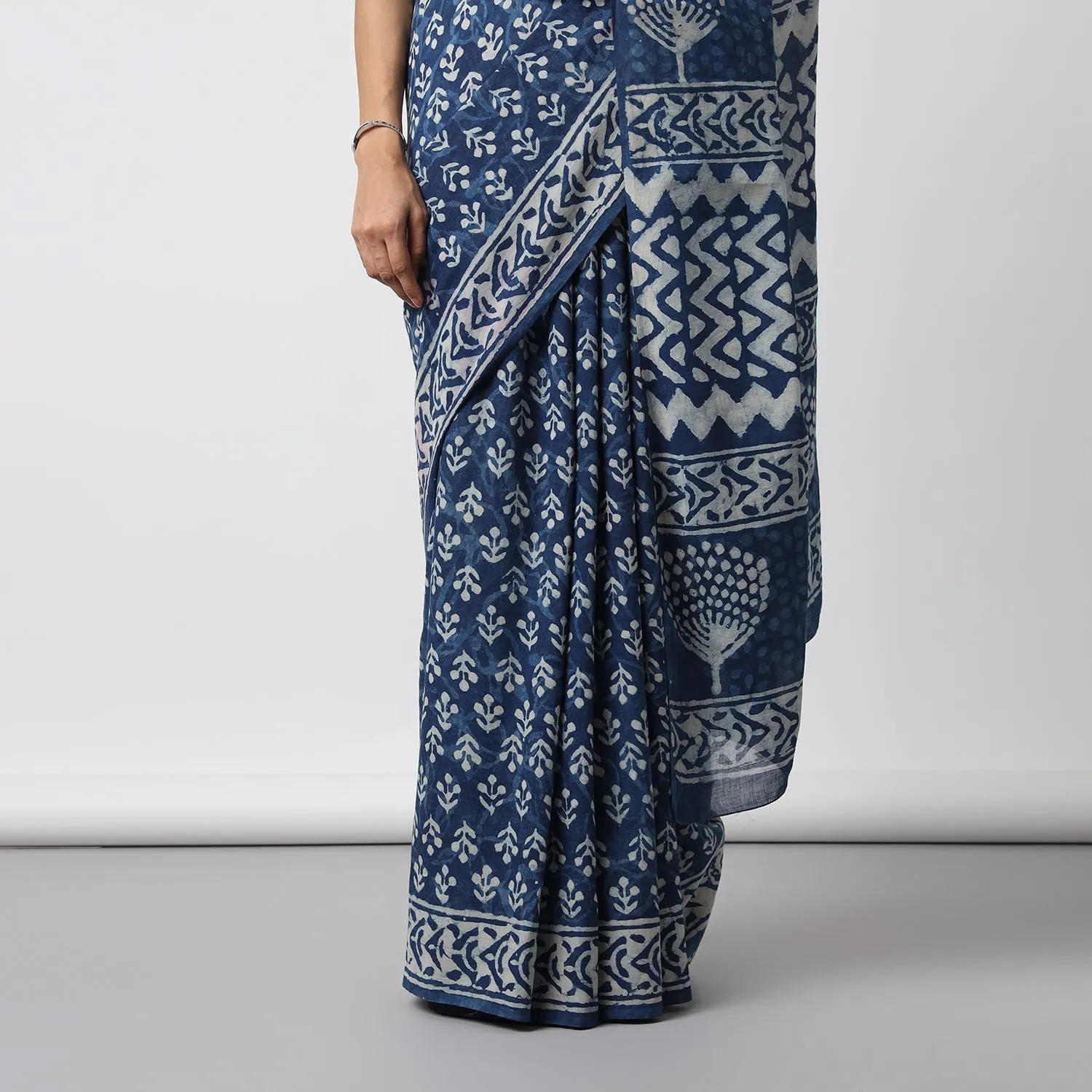 Indigo Bloom - Dabu Hand Block Print Mulmul Cotton Bagru Saree