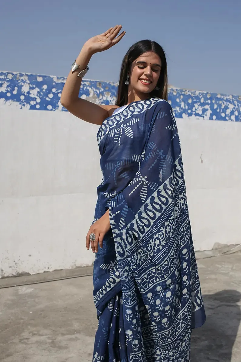 Indigo Dragonflies - Hand Block Print Mulmul Cotton Bagru Saree