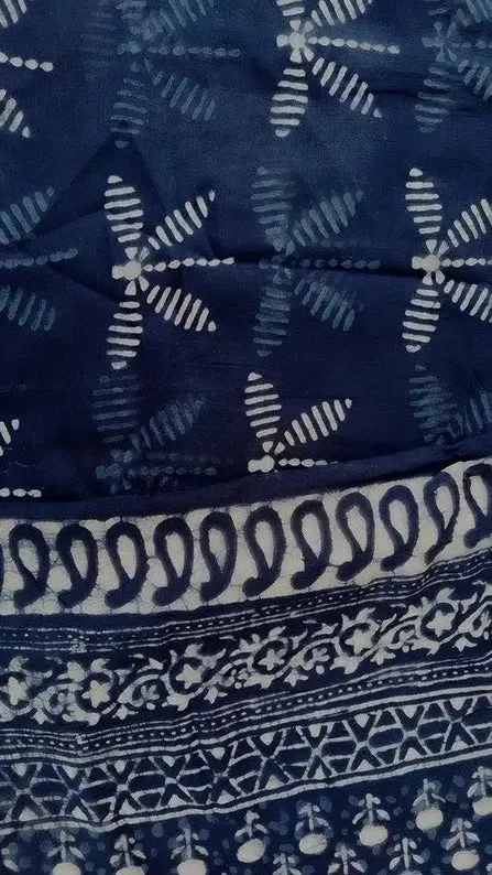 Indigo Dragonflies - Hand Block Print Mulmul Cotton Bagru Saree