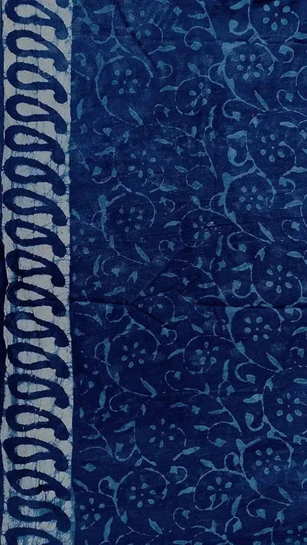 Indigo Dragonflies - Hand Block Print Mulmul Cotton Bagru Saree