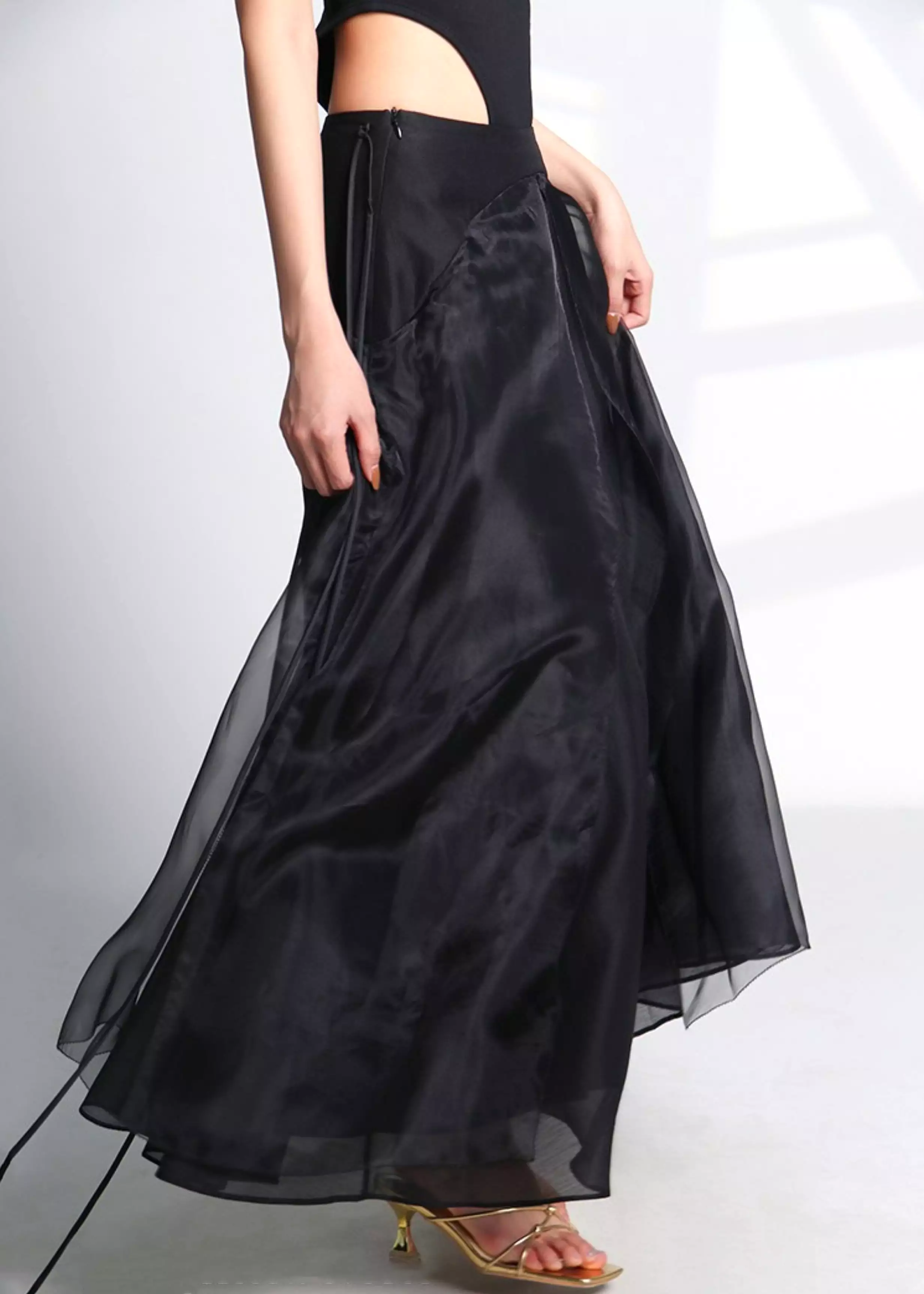 Italian Black Lace Up High Waist Tulle Skirt Summer AB1052