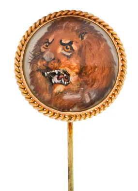 Late Victorian Painted Reverse Carved Rock Crystal 14 Karat Gold Lion Stickpin