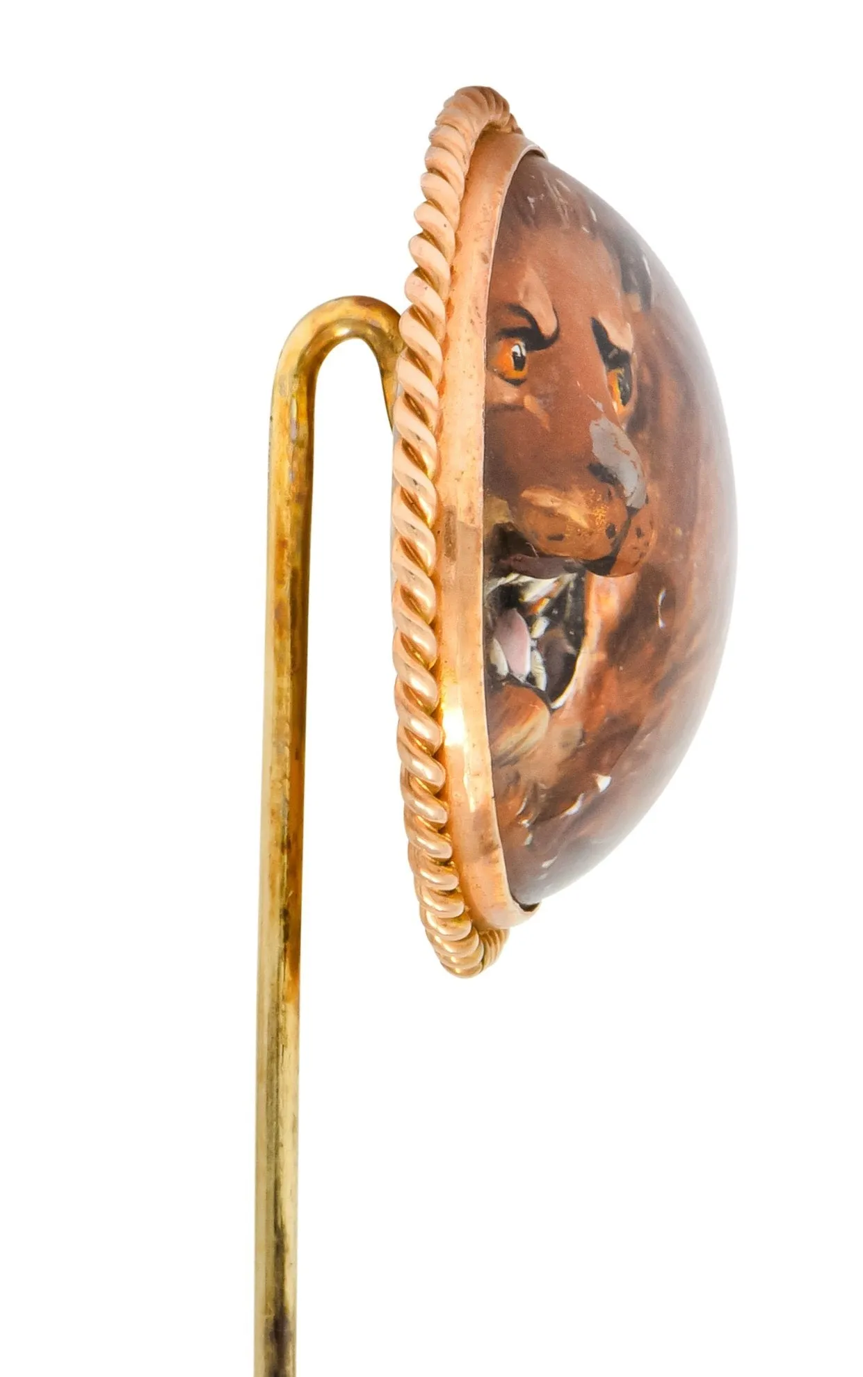 Late Victorian Painted Reverse Carved Rock Crystal 14 Karat Gold Lion Stickpin