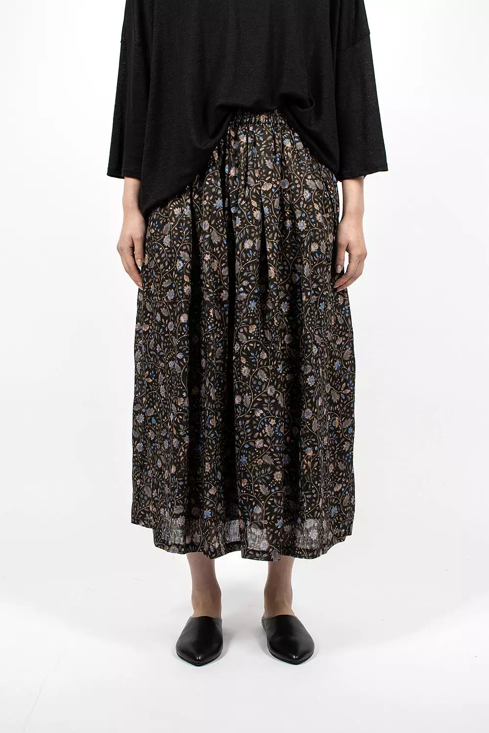 Linen Floral Pattern Skirt Black