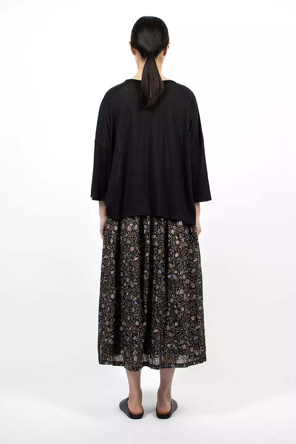 Linen Floral Pattern Skirt Black