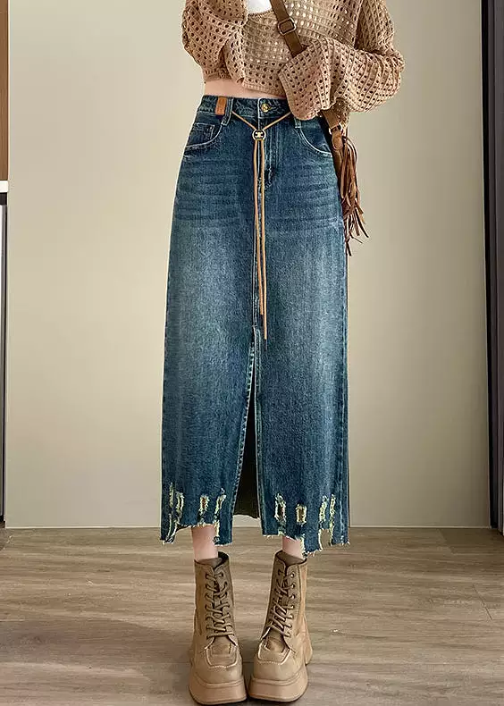 Loose Blue Hole Pockets High Waist Denim Skirt Spring AB1061