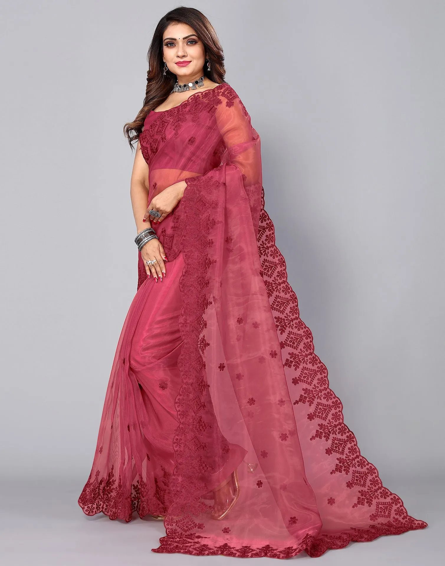 Maroon Organza Saree