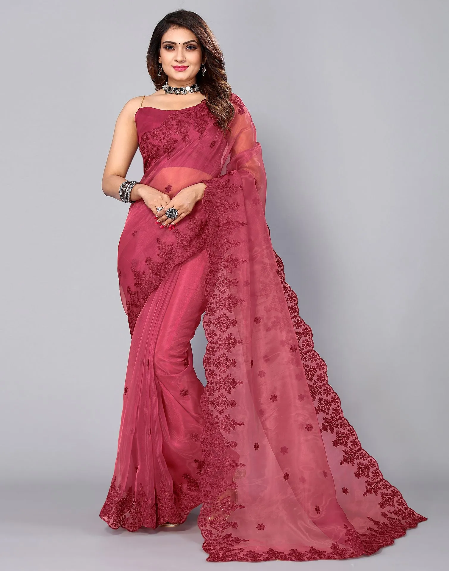 Maroon Organza Saree