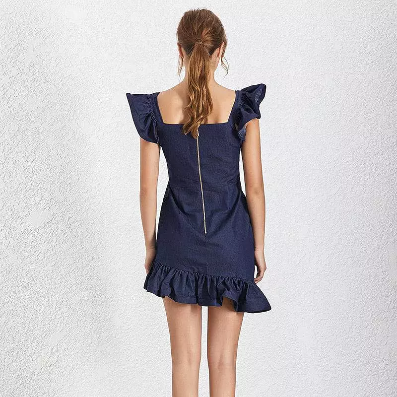 Navy Ruffle Sleeve and Skirt Zipper Front Dress