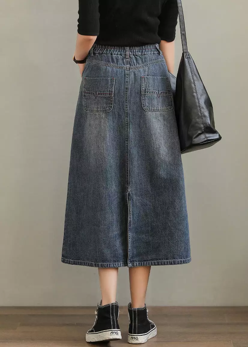 New Denim Blue Pockets Side Open High Waist Denim Skirt Summer QA1001