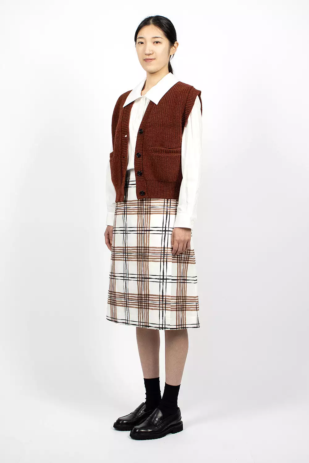 Painted Check Wrap Skirt Off-white/Black/Tan