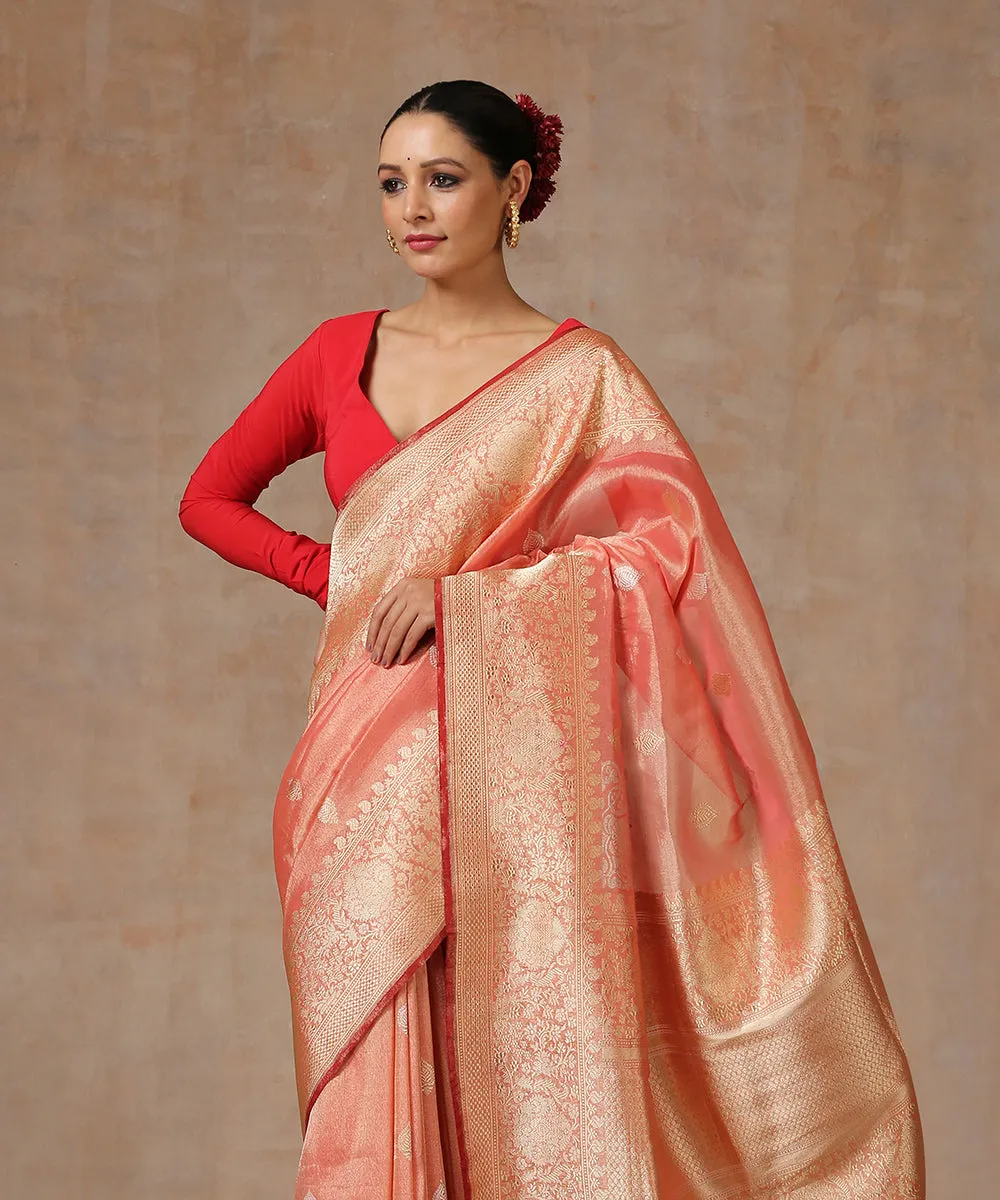 Peach Handloom Pure Tissue Silk Banarasi Saree With Gold Zari