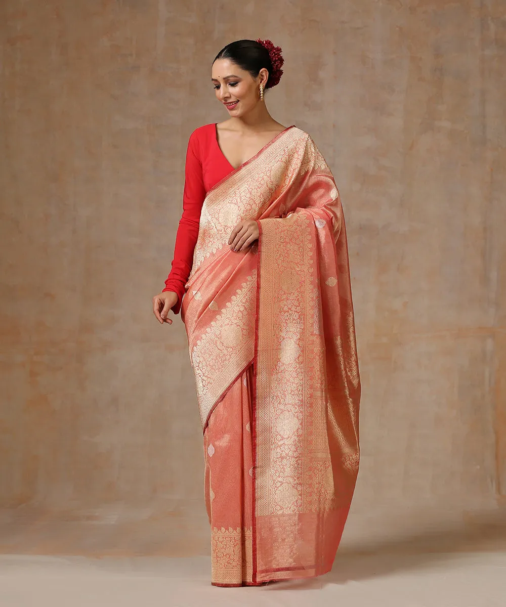 Peach Handloom Pure Tissue Silk Banarasi Saree With Gold Zari