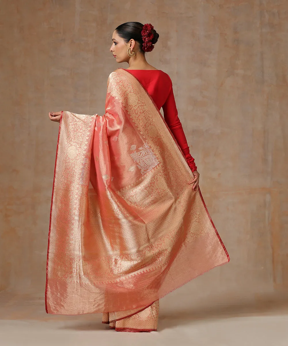 Peach Handloom Pure Tissue Silk Banarasi Saree With Gold Zari