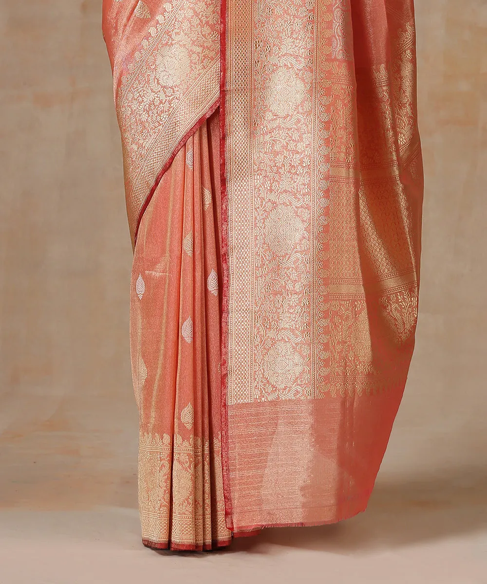 Peach Handloom Pure Tissue Silk Banarasi Saree With Gold Zari