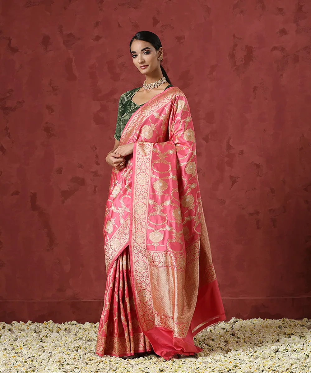 Pink Handloom Pure Katan Silk Banarasi Saree with Kadhwa Jaal