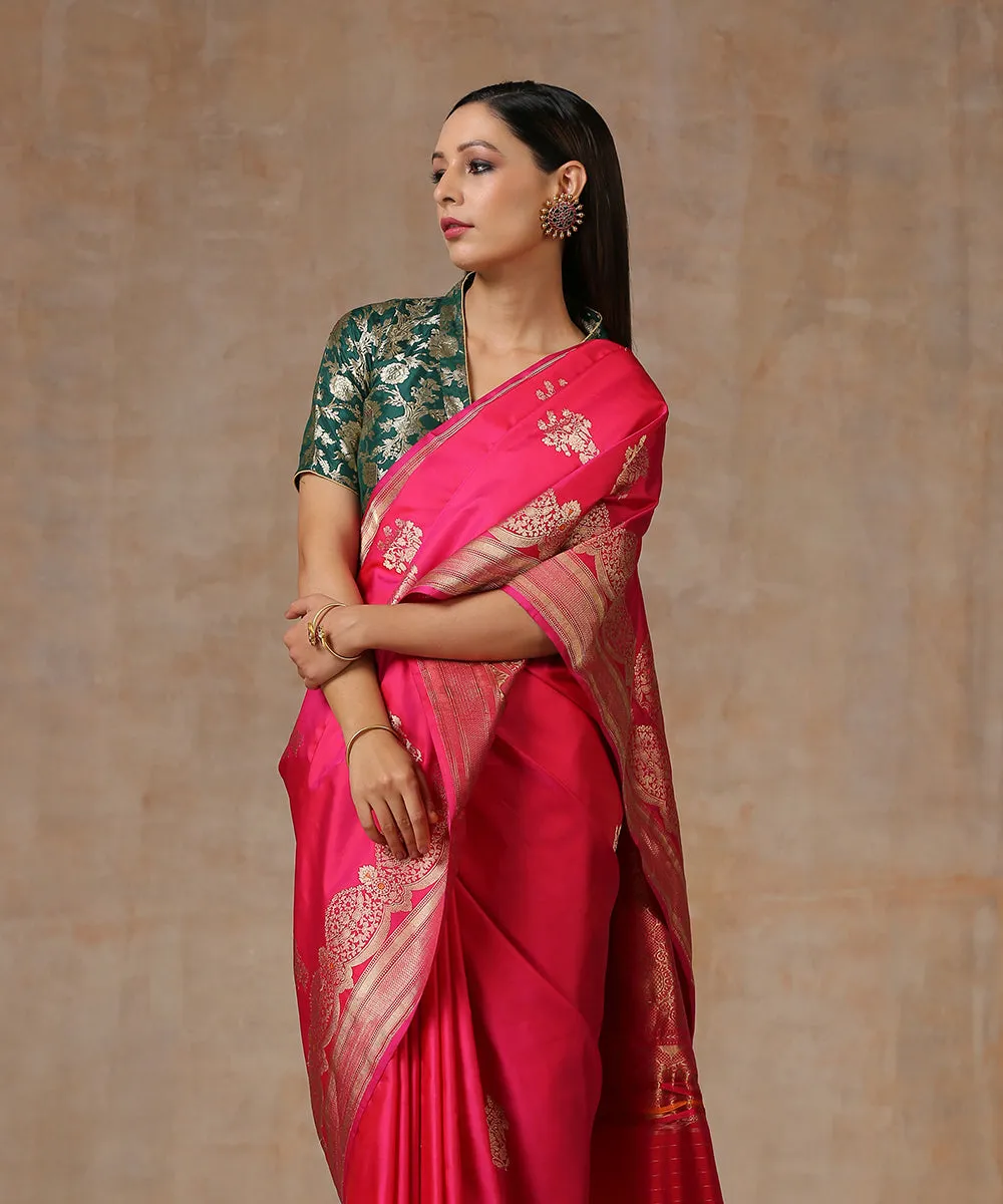 Pink Handloom Pure Katan Silk Banarasi Saree With Scalloped Borders