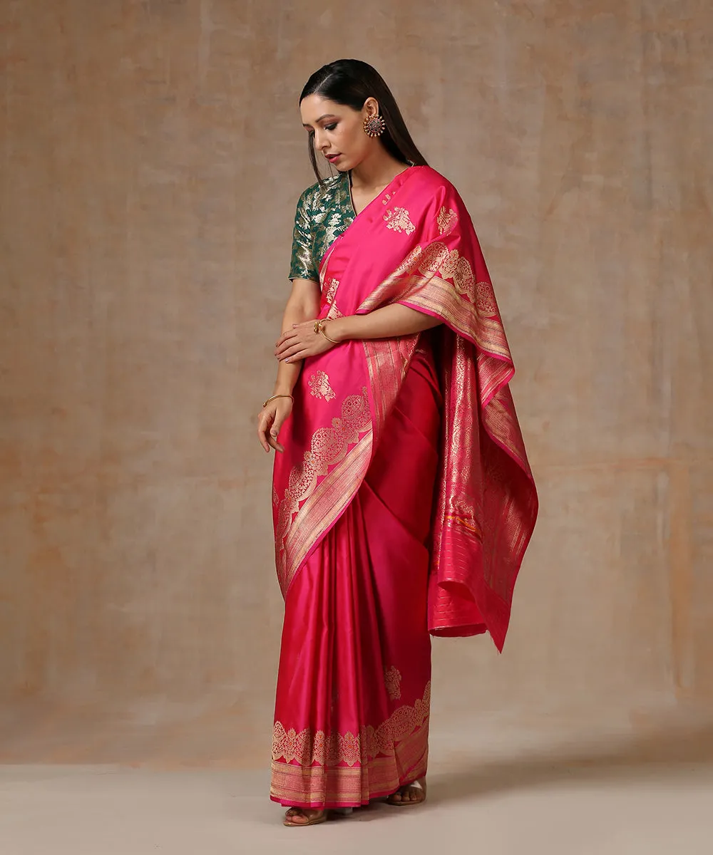 Pink Handloom Pure Katan Silk Banarasi Saree With Scalloped Borders