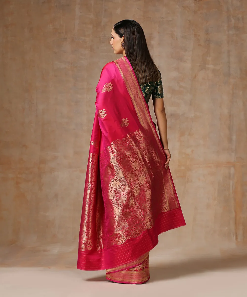 Pink Handloom Pure Katan Silk Banarasi Saree With Scalloped Borders