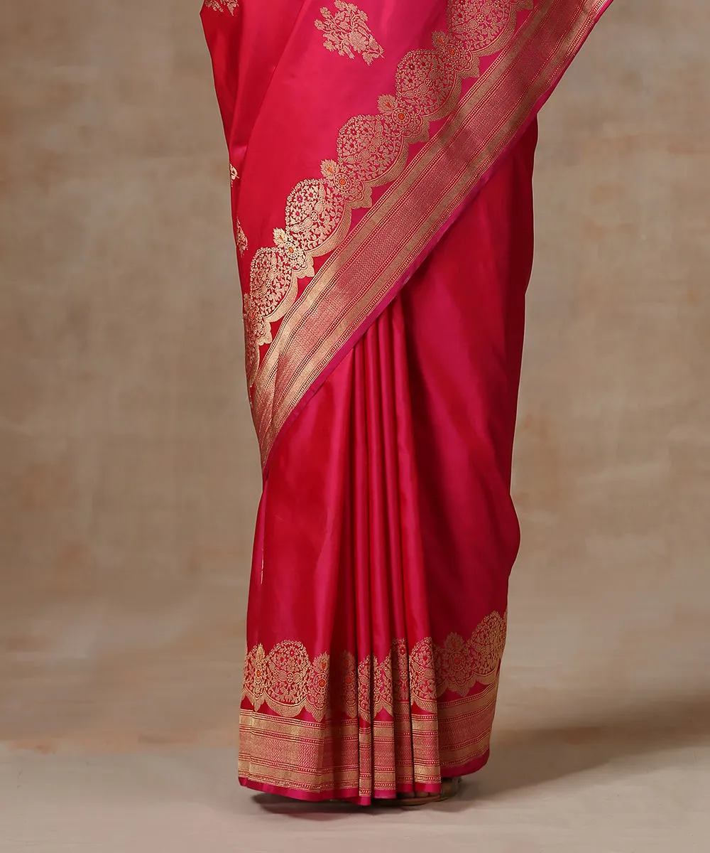 Pink Handloom Pure Katan Silk Banarasi Saree With Scalloped Borders