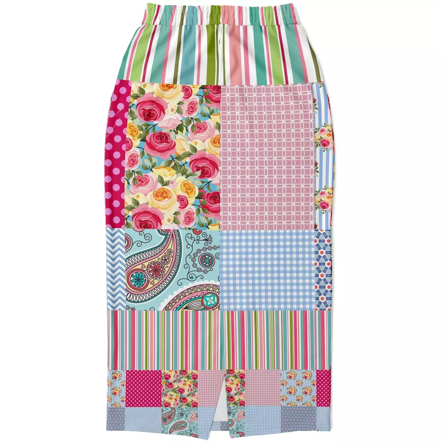 Pink Sherbert Floral Patchwork Plaid Eco-Poly Long Pocket Skirt