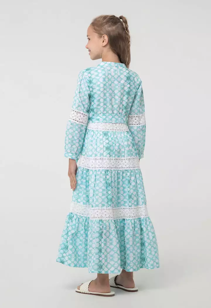 Printed Embroider Tier Long-Sleeves Dress