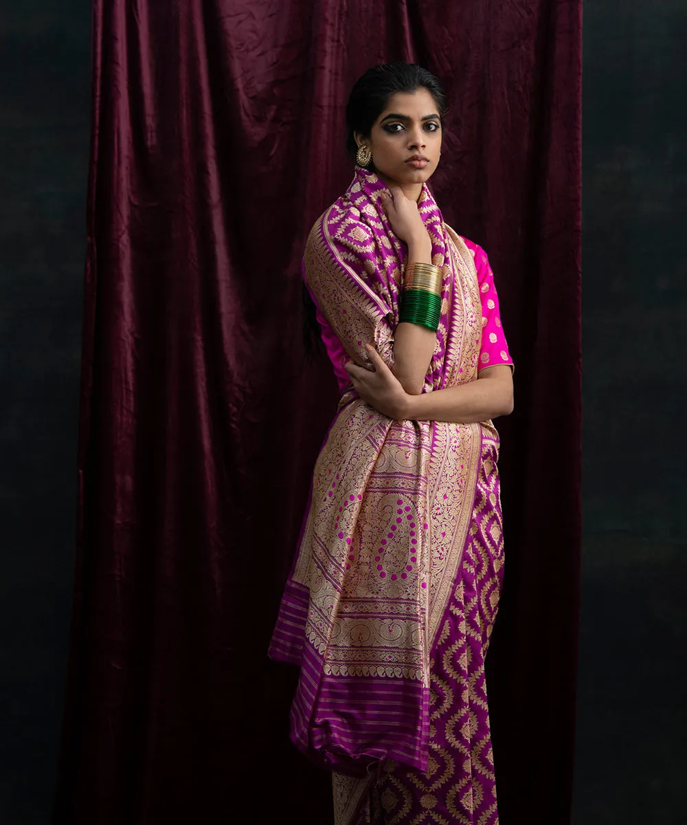 Purple Handloom Pure Katan Silk Banarasi Saree With Kadhwa Jaal and Pink Meenakari